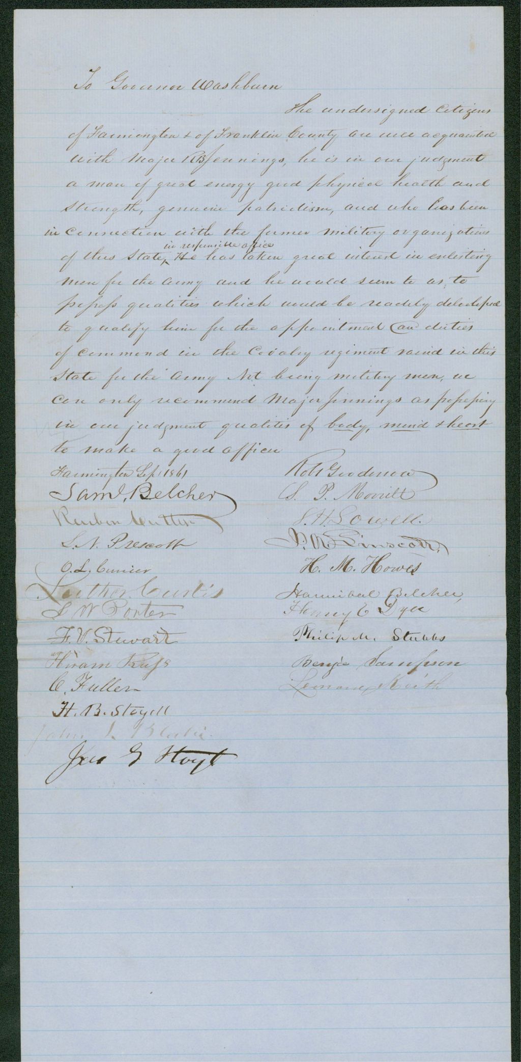 Miniature of Samuel Belcher and citizens of Farmington and Franklin County recommend Major R. B. Jennings for commission in the cavalry