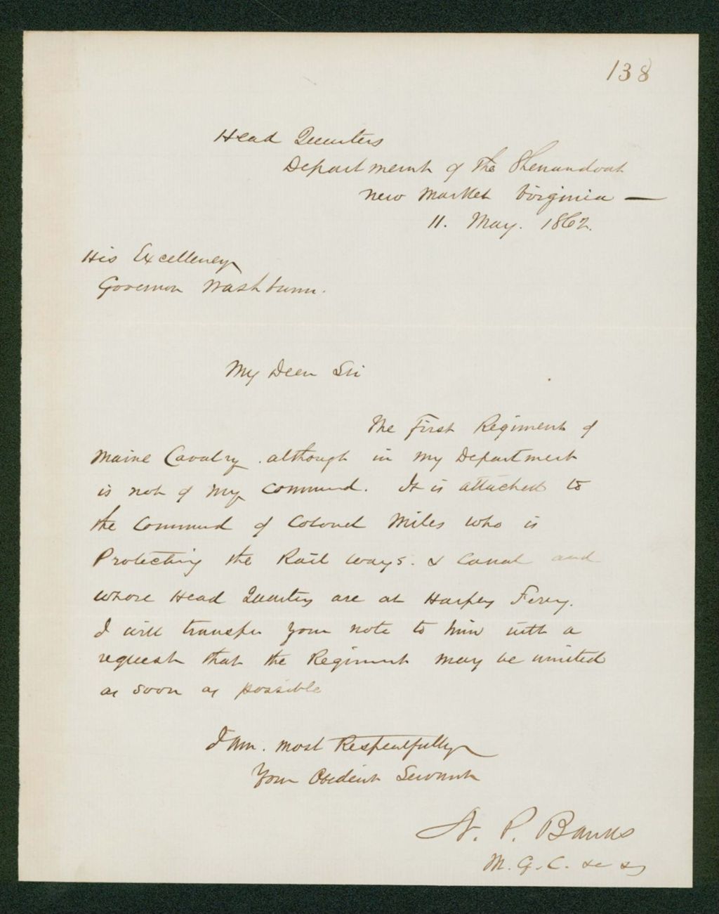 Miniature of General A.P. Barnes writes Governor Washburn that the 1st Maine Cavalry is under the command of Colonel Miles in Harper's Ferry