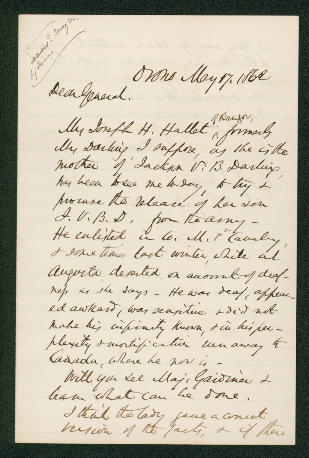 Miniature of Governor Washburn requests the discharge of Jackson B. Darling due to deafness