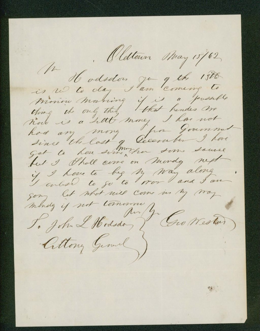 Miniature of George Weston writes Adjutant General Hodsdon regarding his pay