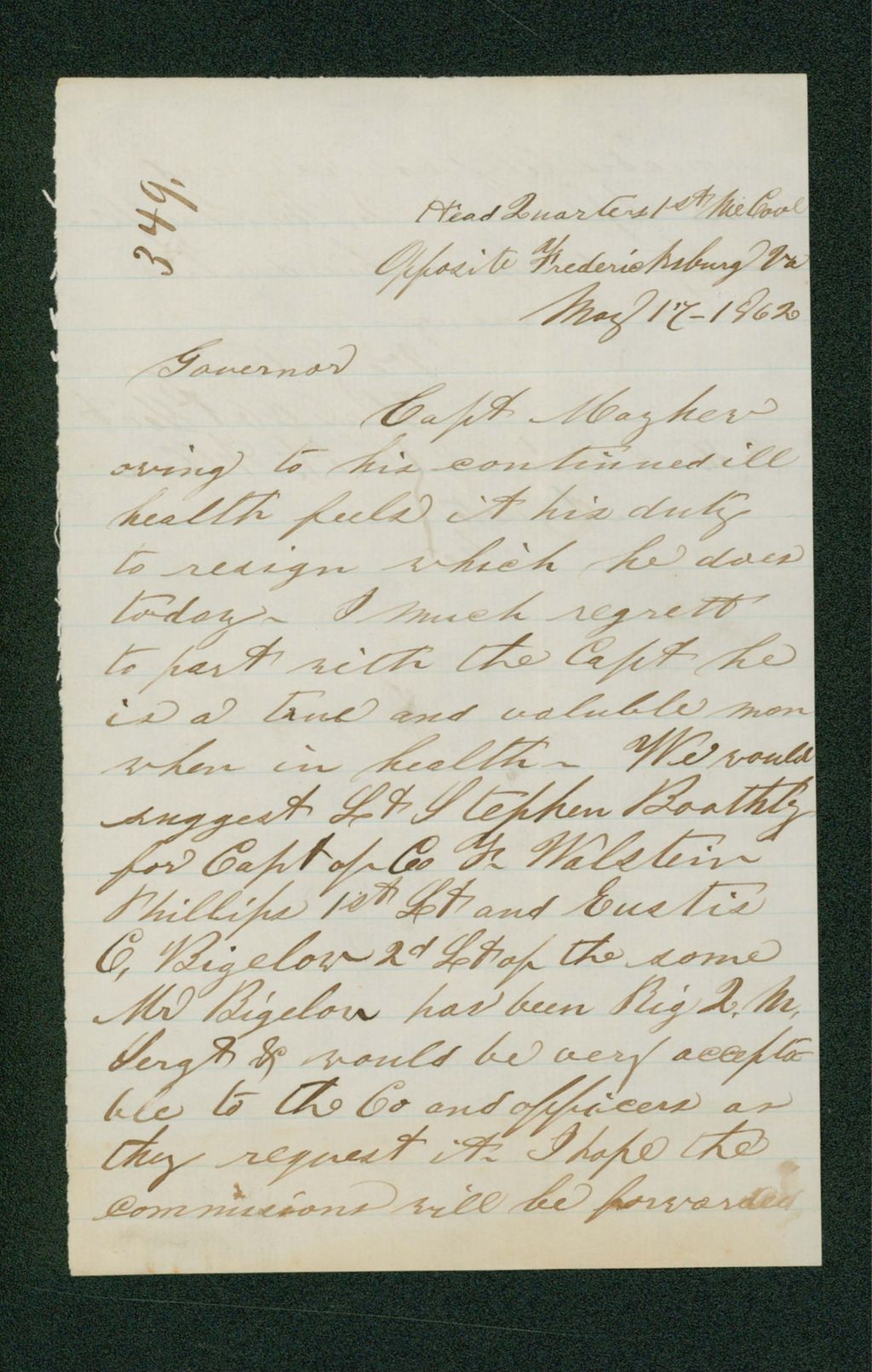 Miniature of Samuel Allen informs Governor Washburn of the resignation of Captain Mayhew due to ill health