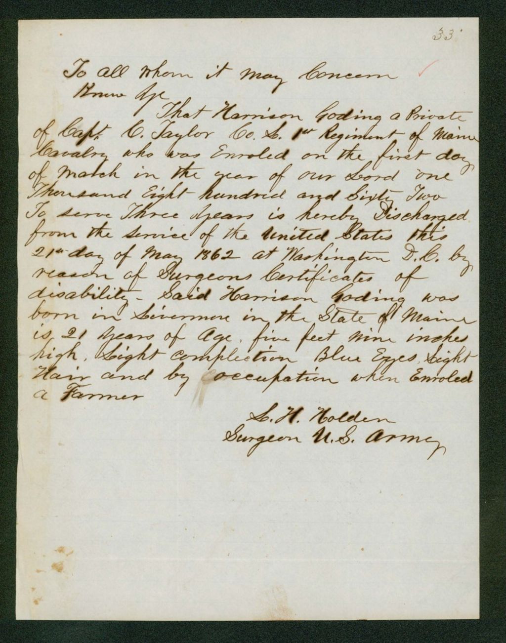 Miniature of Surgeon S.H. Holden discharges Harrison Goding due to disability