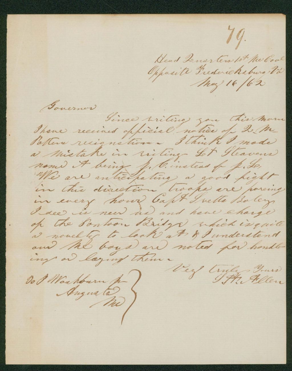 Miniature of Samuel Allen notifies Governor Washburn of Quartermaster Patten's resignation