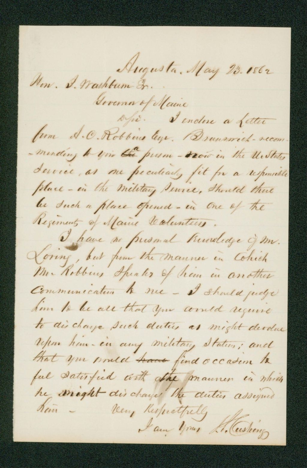 Miniature of Mr. Cushing recommends Mr. Loring for a commission