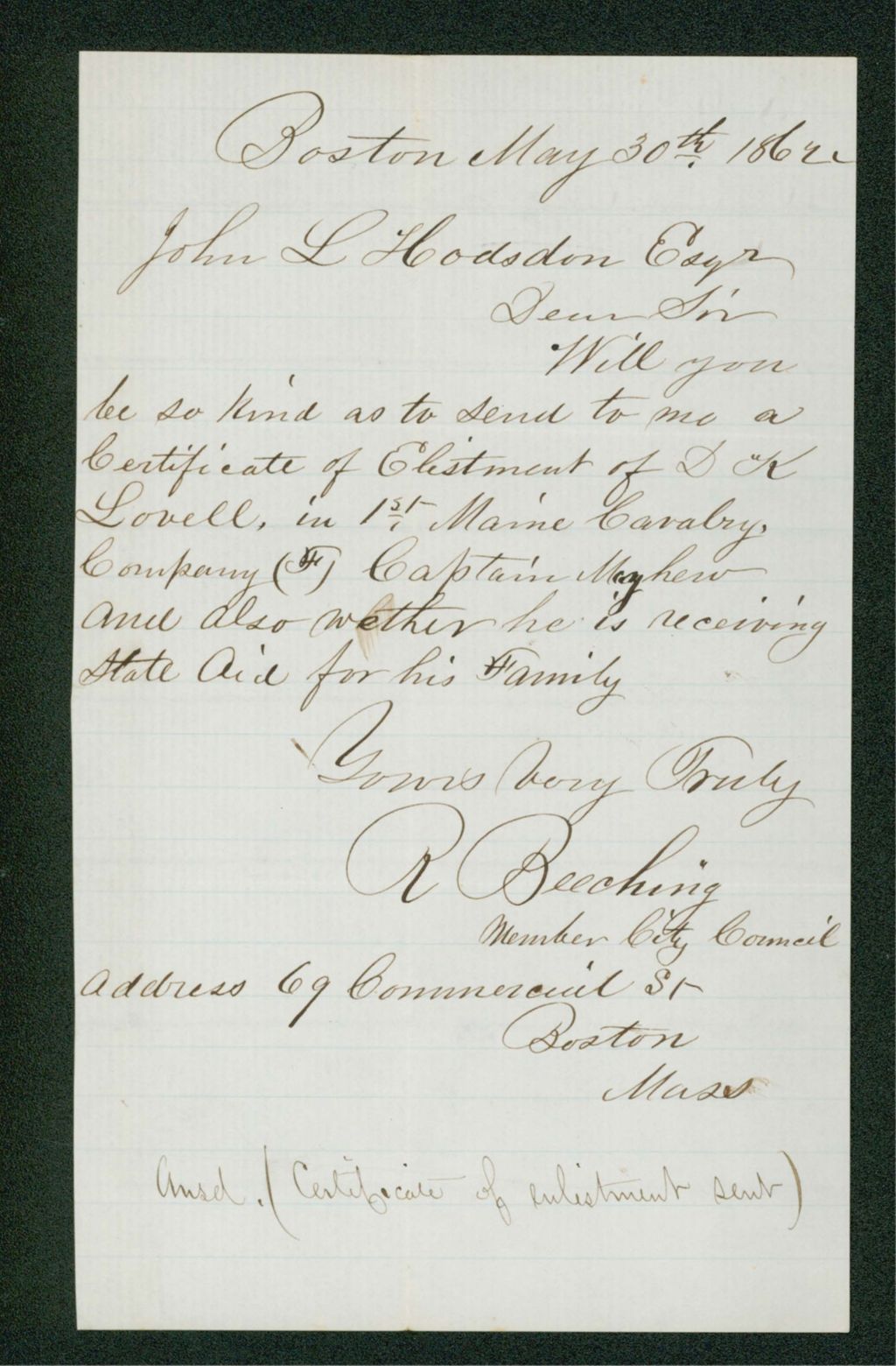 Miniature of R. Beeching requests an enlistment certificate for D.K. Lovell of Company F