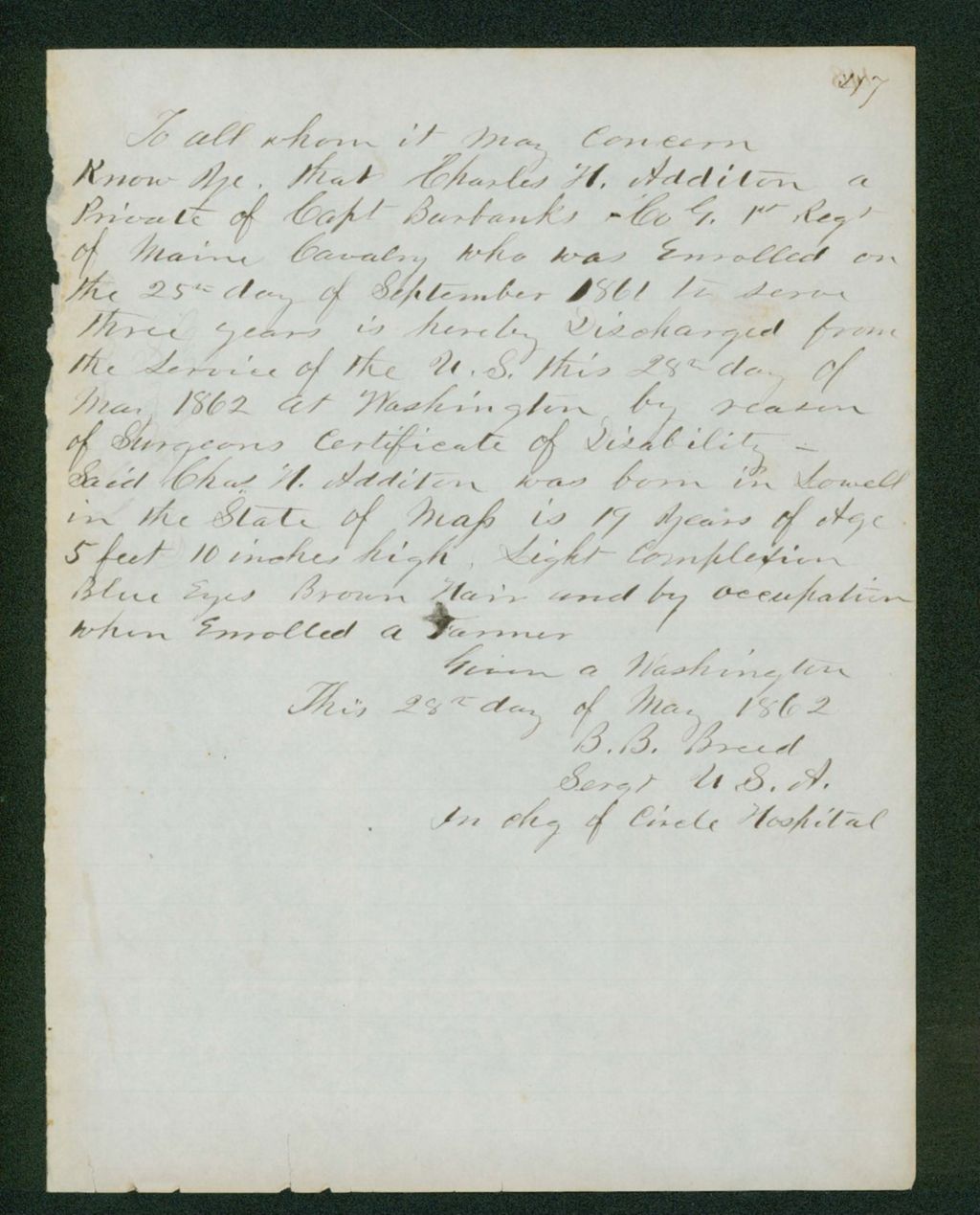 Miniature of Surgeon B.B. Breed discharges Charles Additon for disability