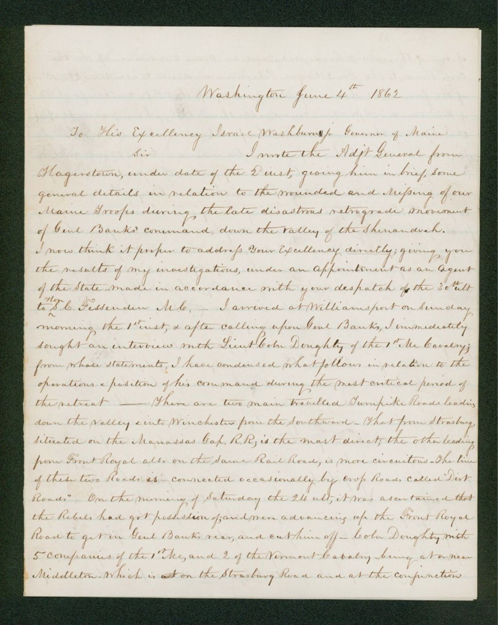 Miniature of A.C. Spaulding writes Governor Washburn about the killed and wounded of the regiment