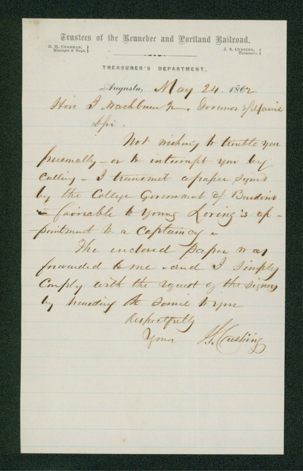 Miniature of J.S. Cushing forwards a recommendation of Mr. Loring
