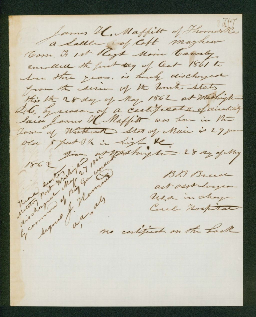 Miniature of Surgeon B.B. Breed discharges James H. Moffitt for disability