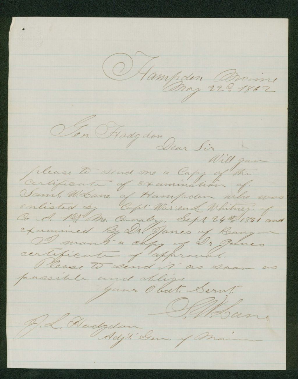 Miniature of S. Lane requests examination certificates for Samuel Lane