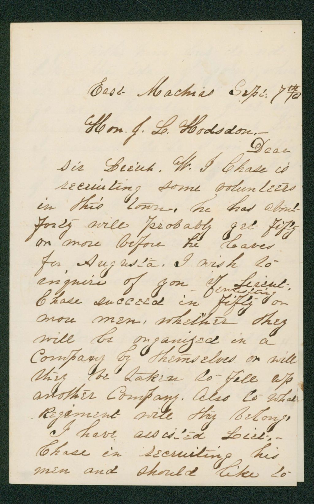 Miniature of Phineas Foster, Jr. inquires about enlistments by Lieutenant W. Chase