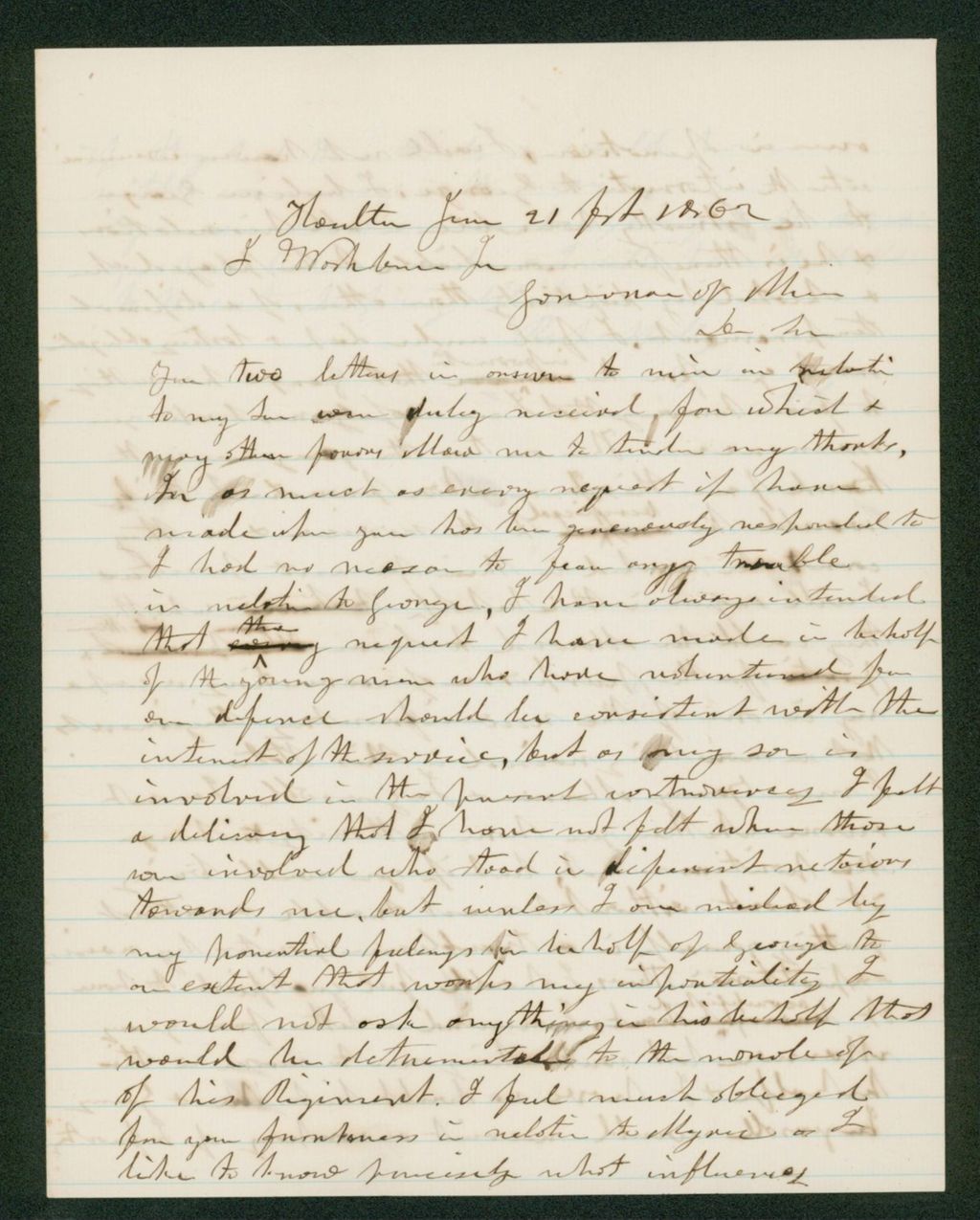 Miniature of S. Cary writes Governor Washburn regarding his son