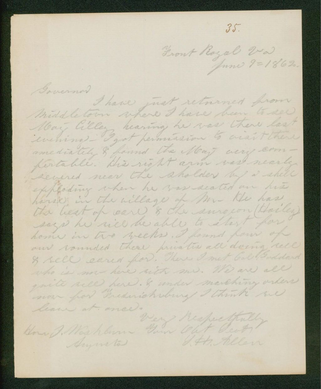 Miniature of Colonel Samuel H. Allen reports that Major Cilley is doing well after losing his arm