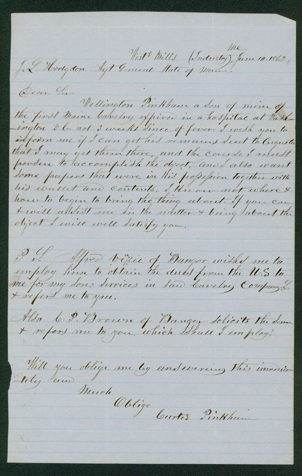 Miniature of Curtis Pinkham requests the remains of his son Wellington be sent home