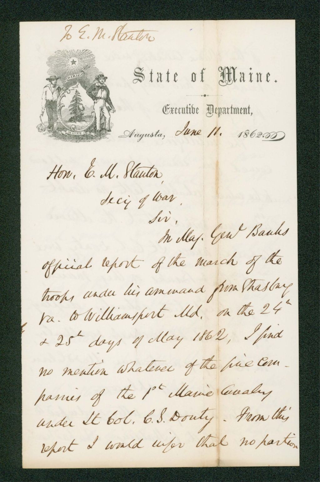 Miniature of Governor Washburn writes to Secretary of War Edwin Stanton