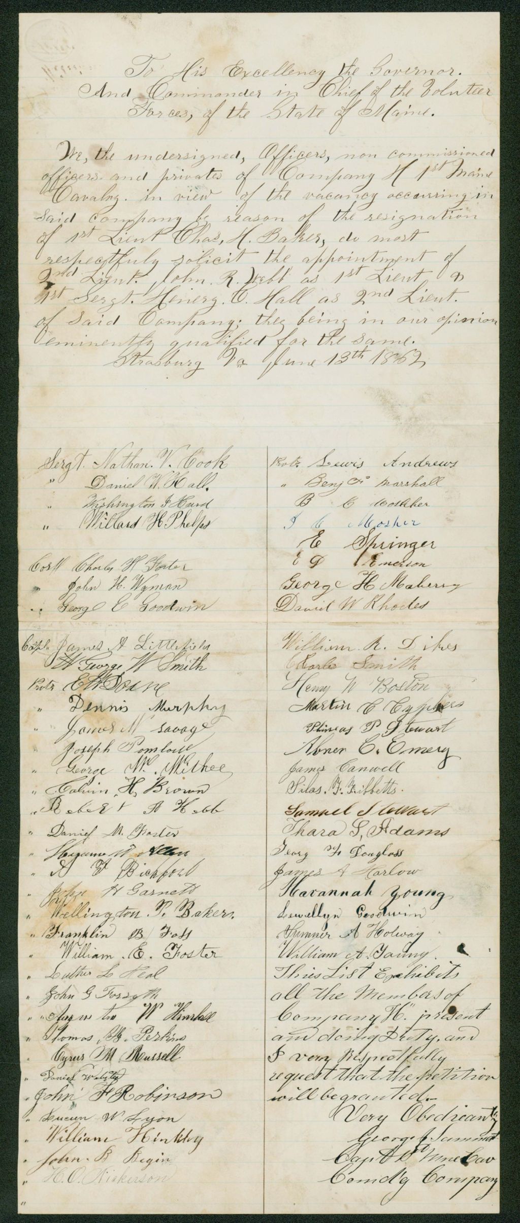 Miniature of Officers of Company H request appointments of John Webb and Sergeant Hall
