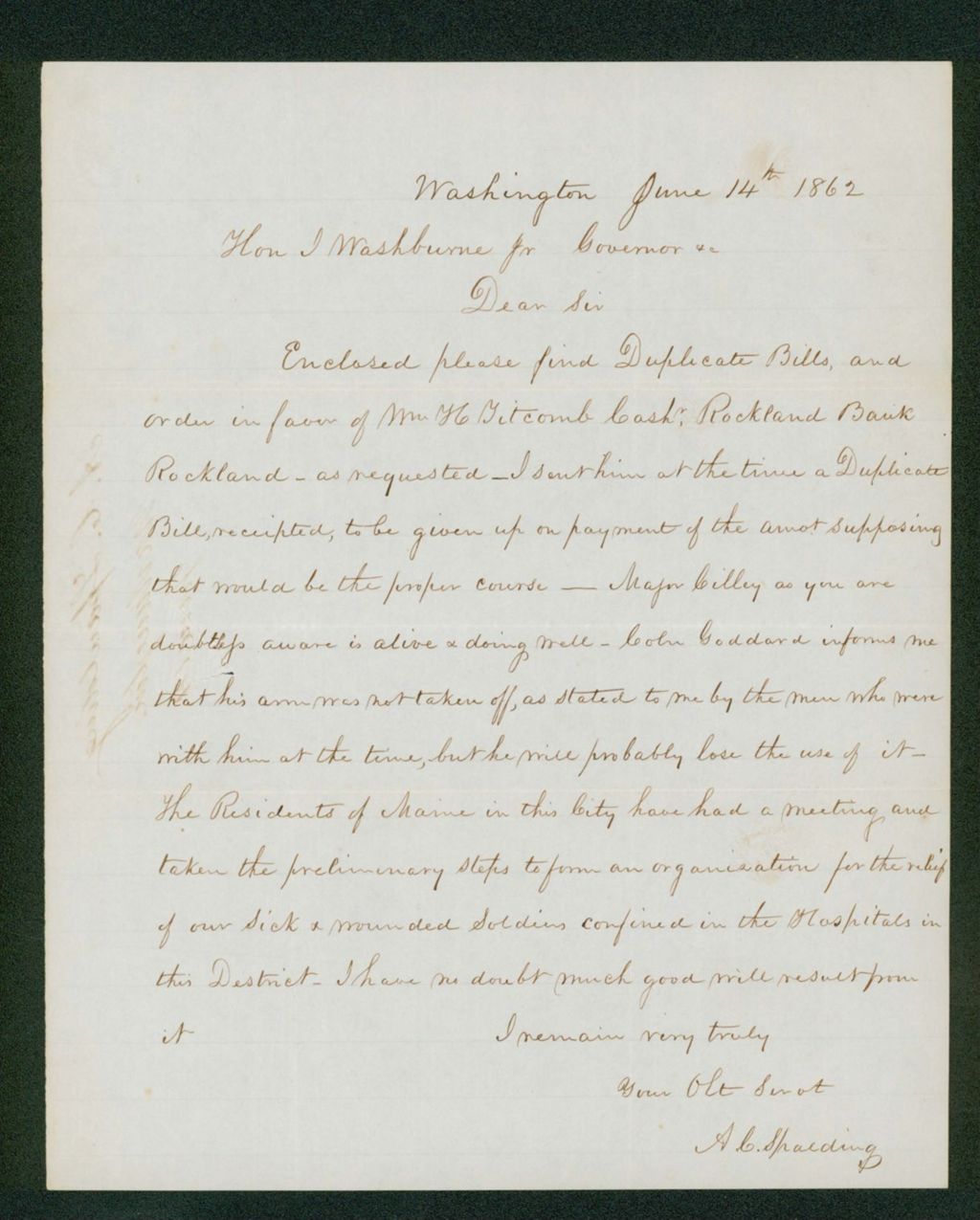 Miniature of A.C. Spaulding submits bills to Governor Washburn