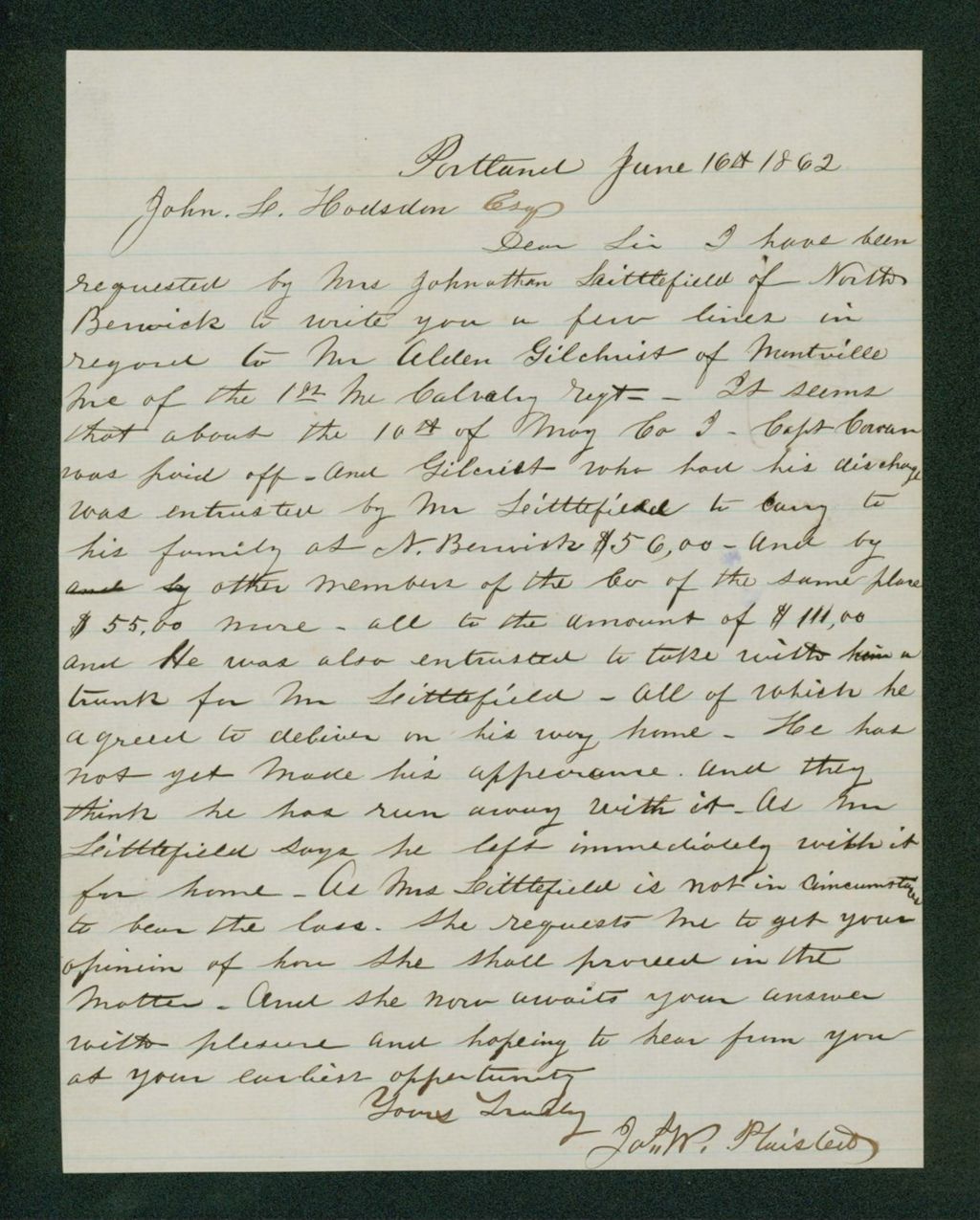 Miniature of J.W. Plaisted writes Adjutant Hodsdon about the possible theft of money