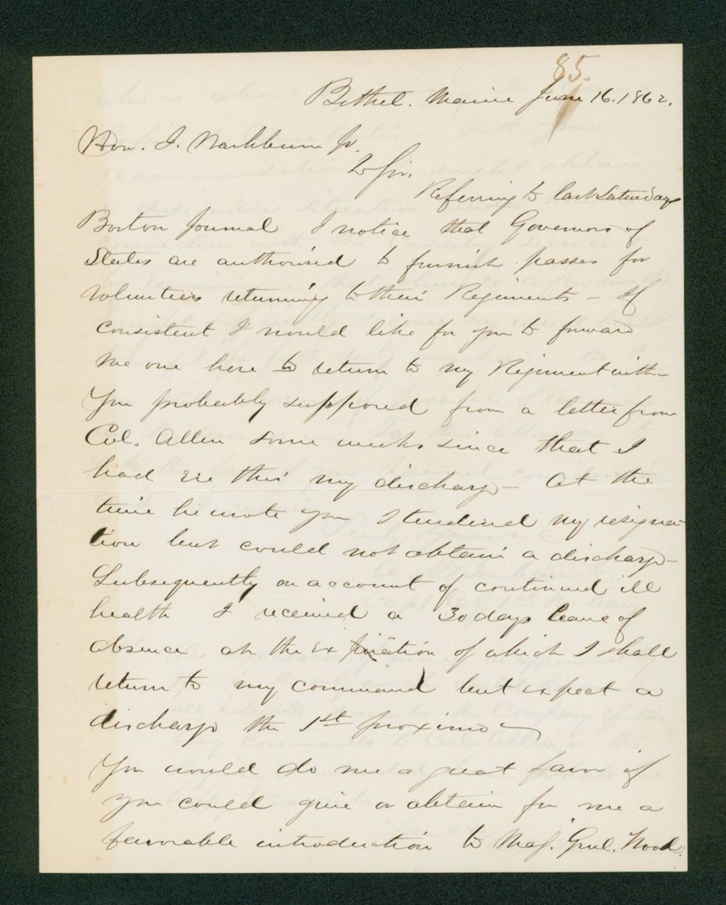 Miniature of Captain Burbank of Company G requests a pass to return to his regiment