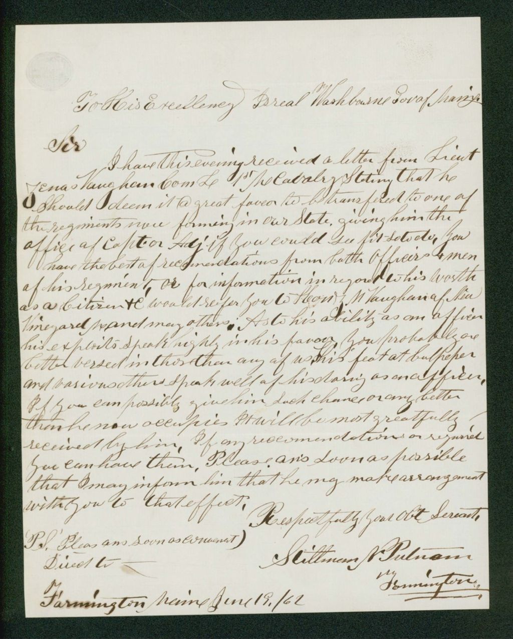 Miniature of Stillman Putnam recommends a transfer to a new regiment for Zenas Vaughan of Company L