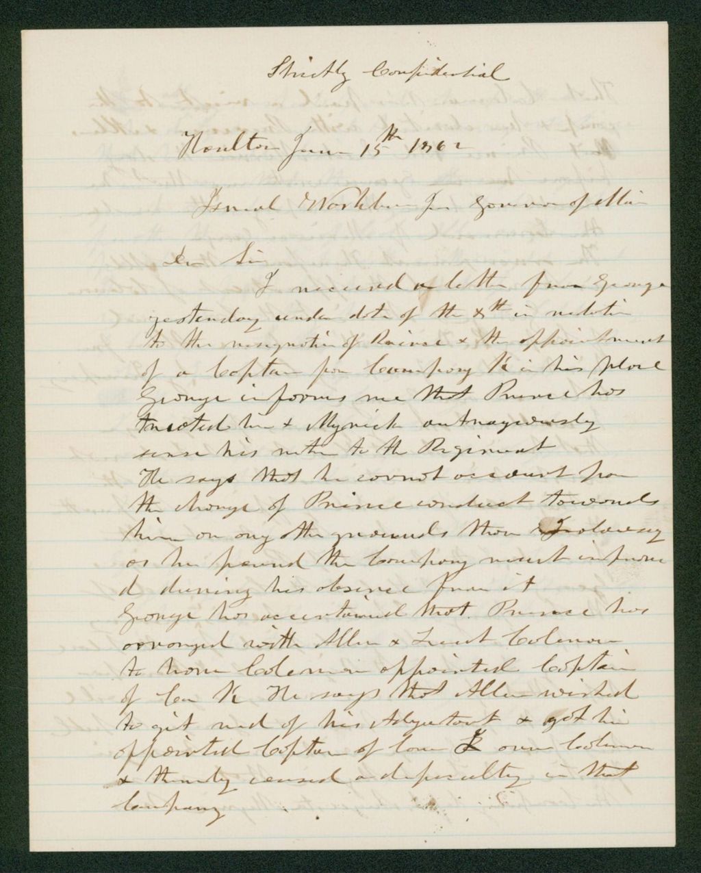 Miniature of S.Cary writes Governor Washburn in relation to his son
