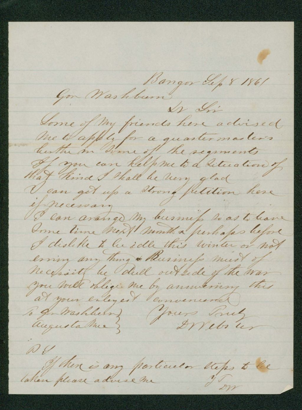 Miniature of D. Webster requests position as Quartermaster