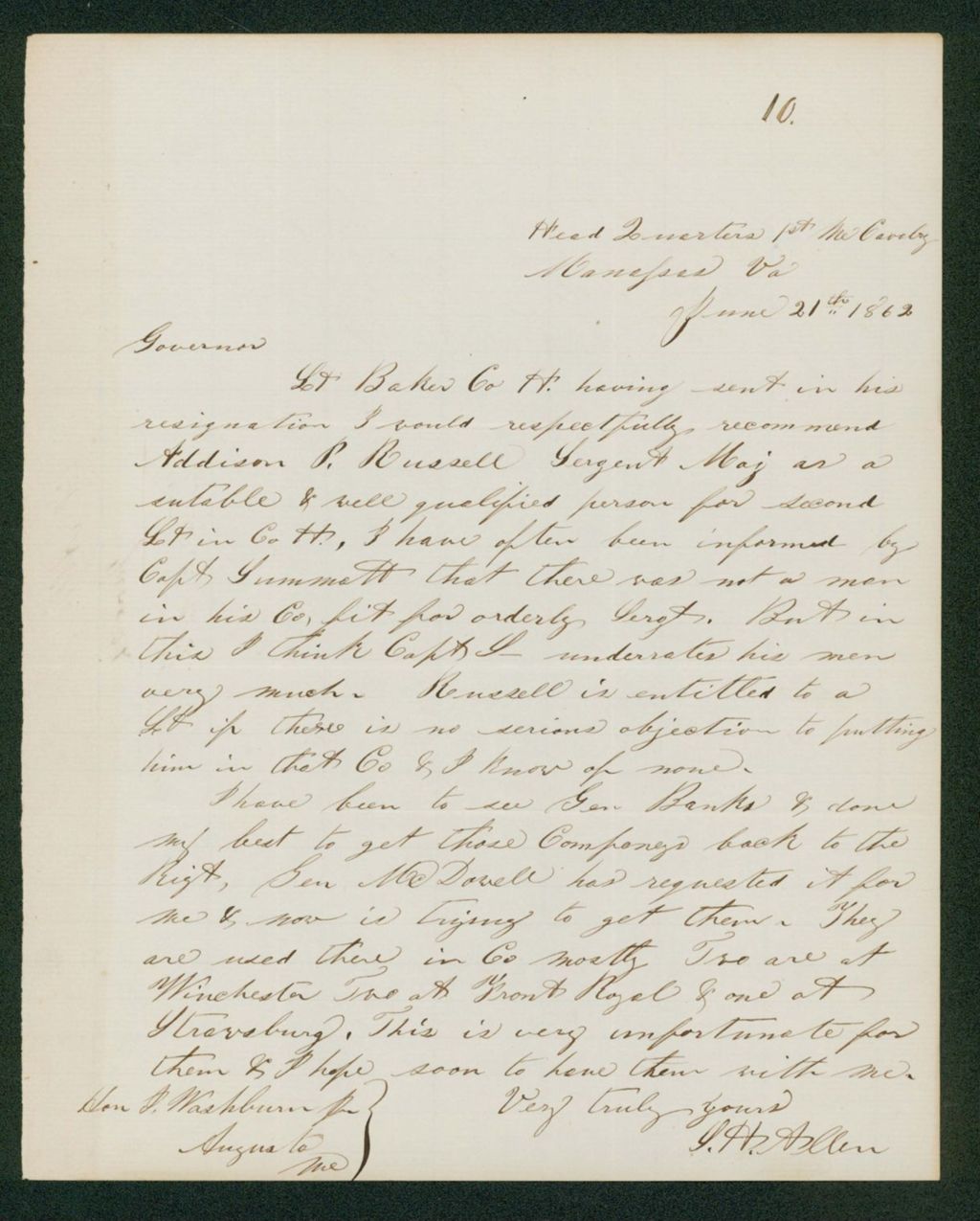 Miniature of Colonel Allen recommends Addison P. Russell to replace Lieutenant Baker