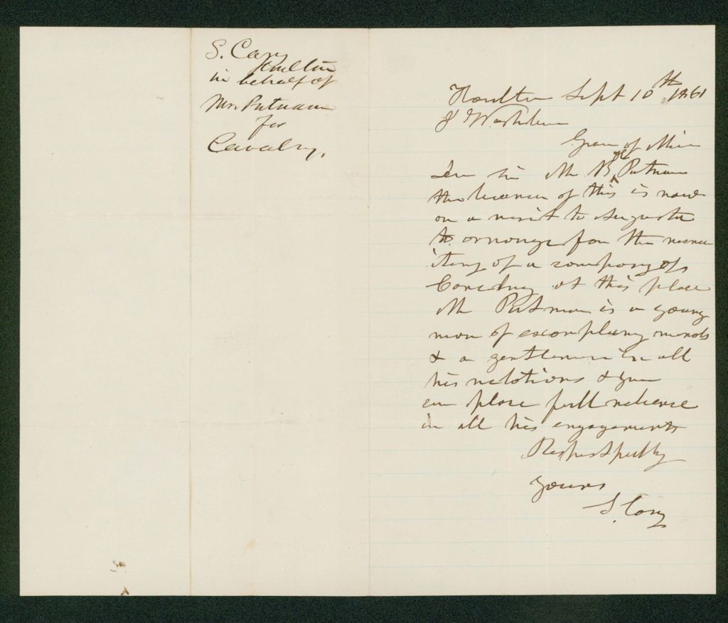 Miniature of S. Cony of Houlton introduces B. Putnam and recommends him for recruiting officer