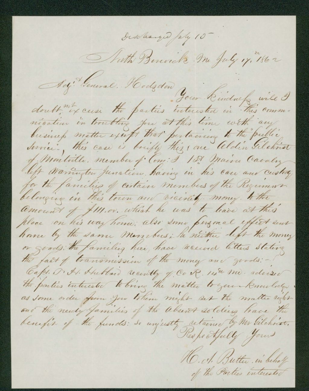 Miniature of H. Butler reports that Aldin Gilchrist of Montville has stolen money and goods sent home by soldiers