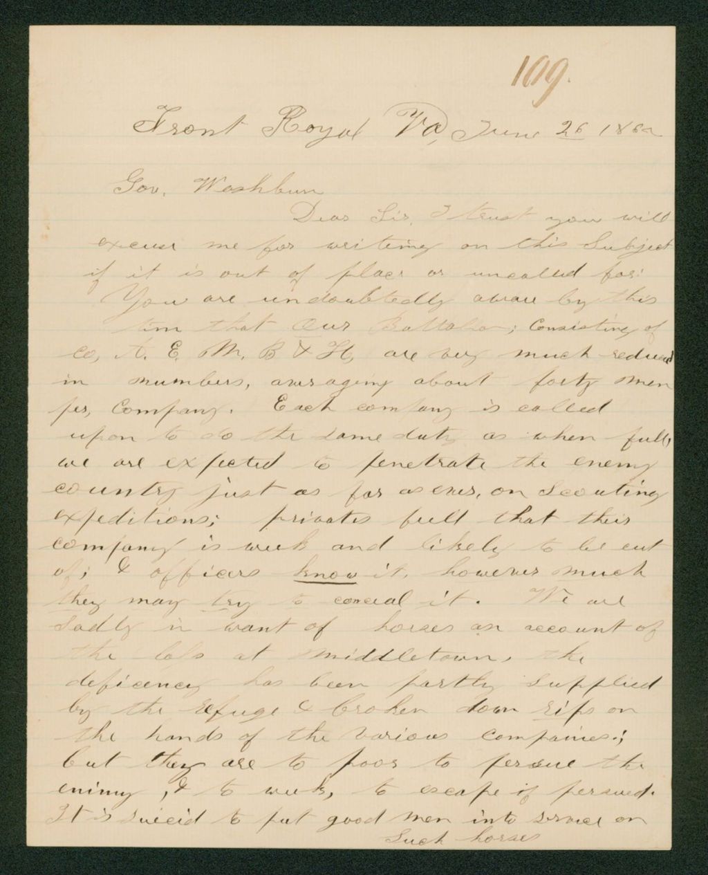 Miniature of Lieutenant Ellis  reports that the regiment is greatly reduced in numbers and needs horses