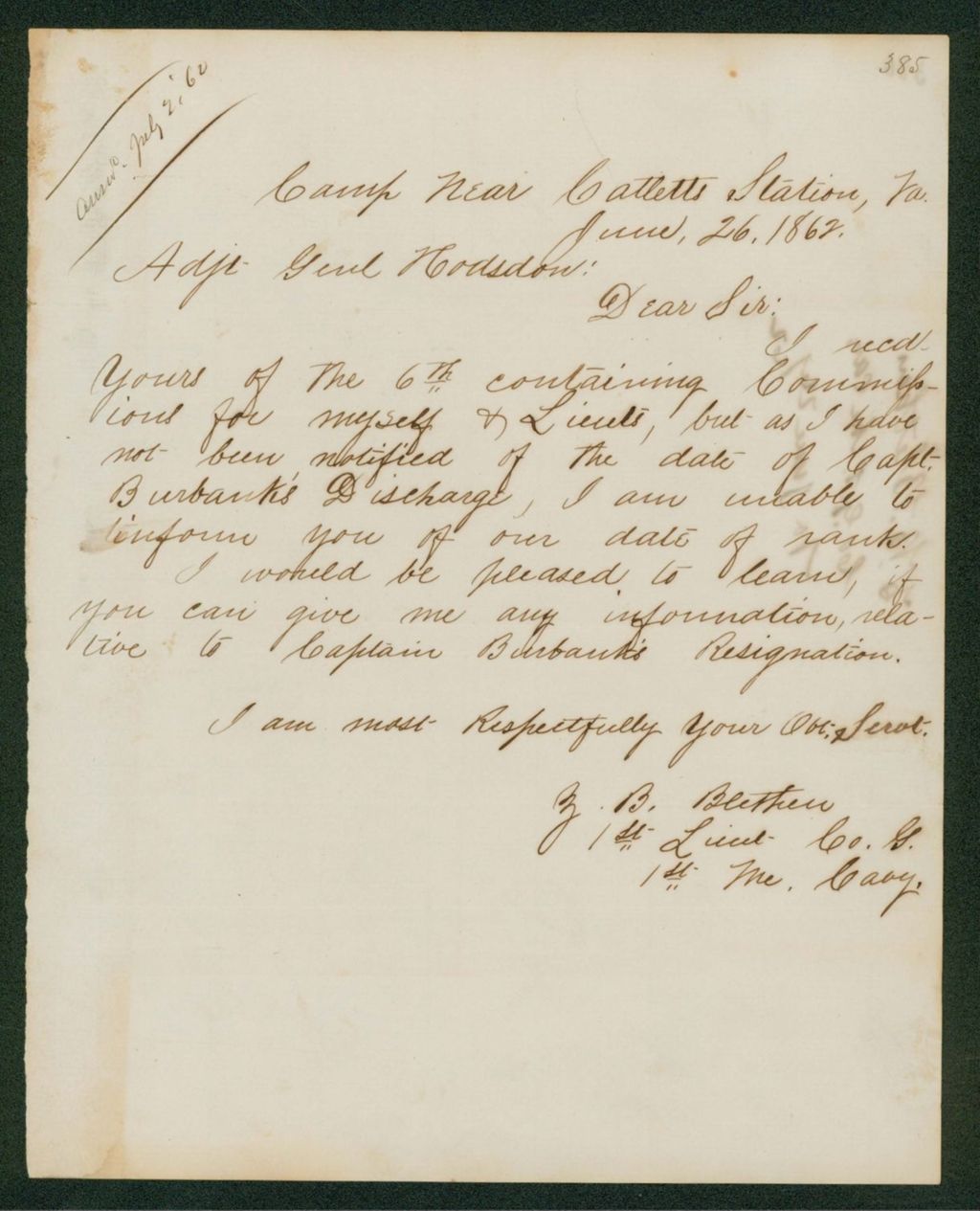 Miniature of Lieutenant Z.B. Blethen inquires about Captain Burbank's resignation