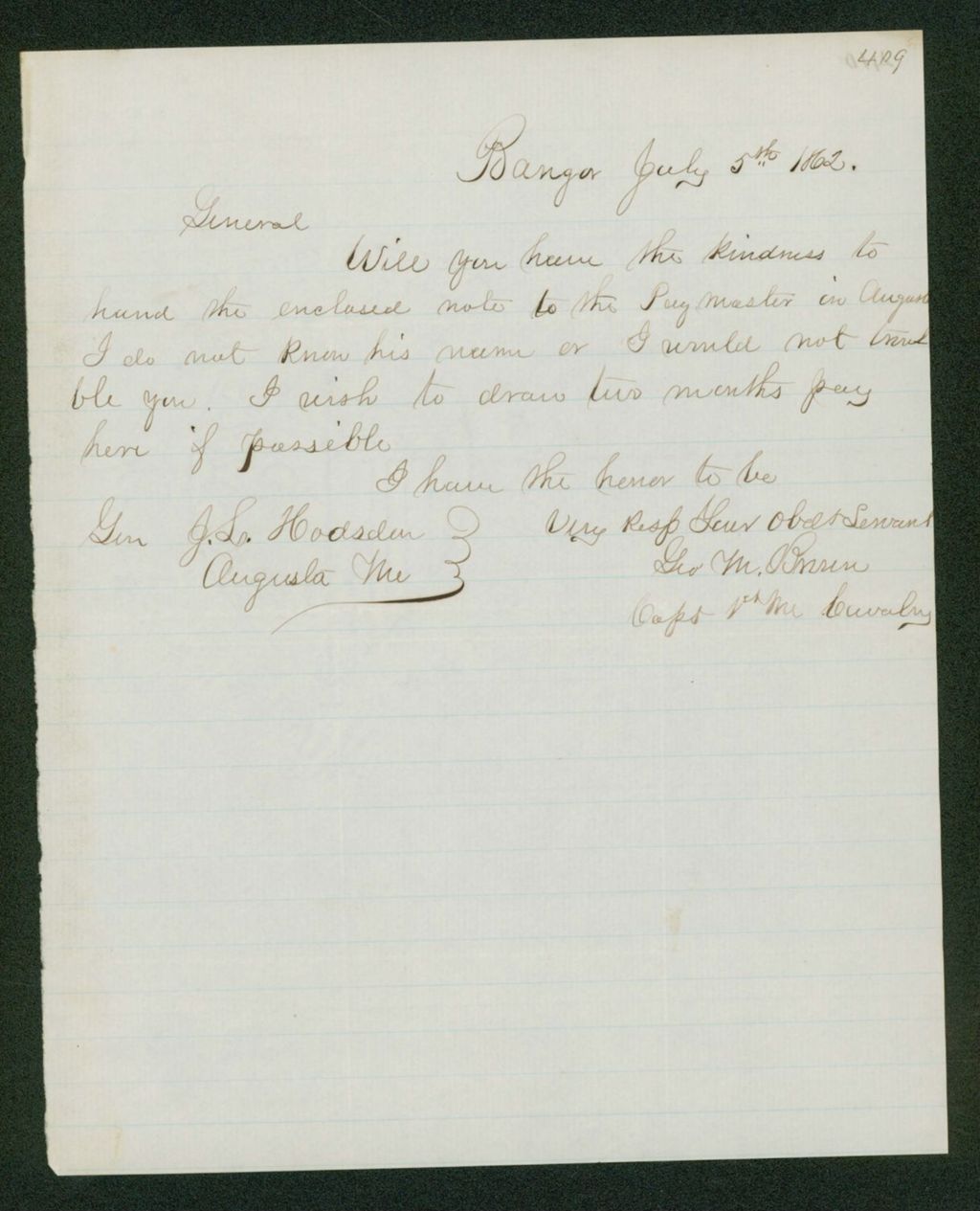 Miniature of Captain George M. Brown requests to draw 2 months pay