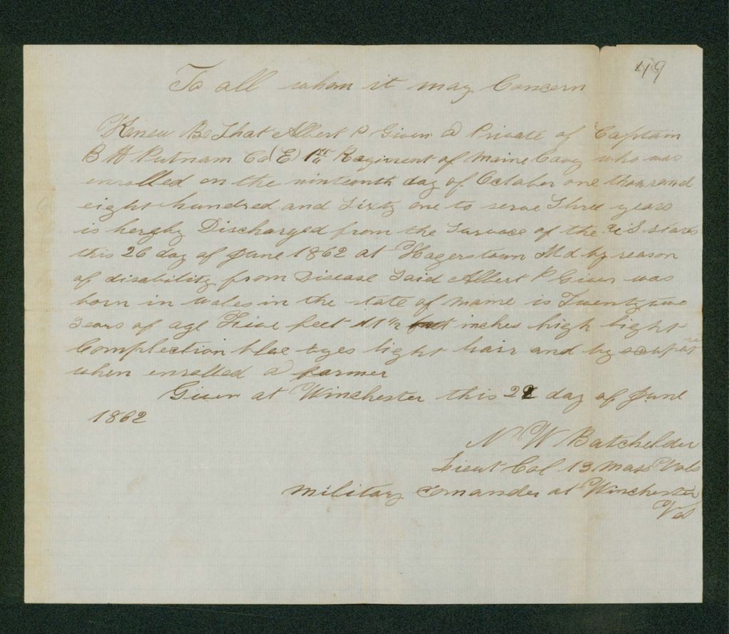 Miniature of Lieutenant Colonel N.W. Batchelder discharges Albert Given due to disability