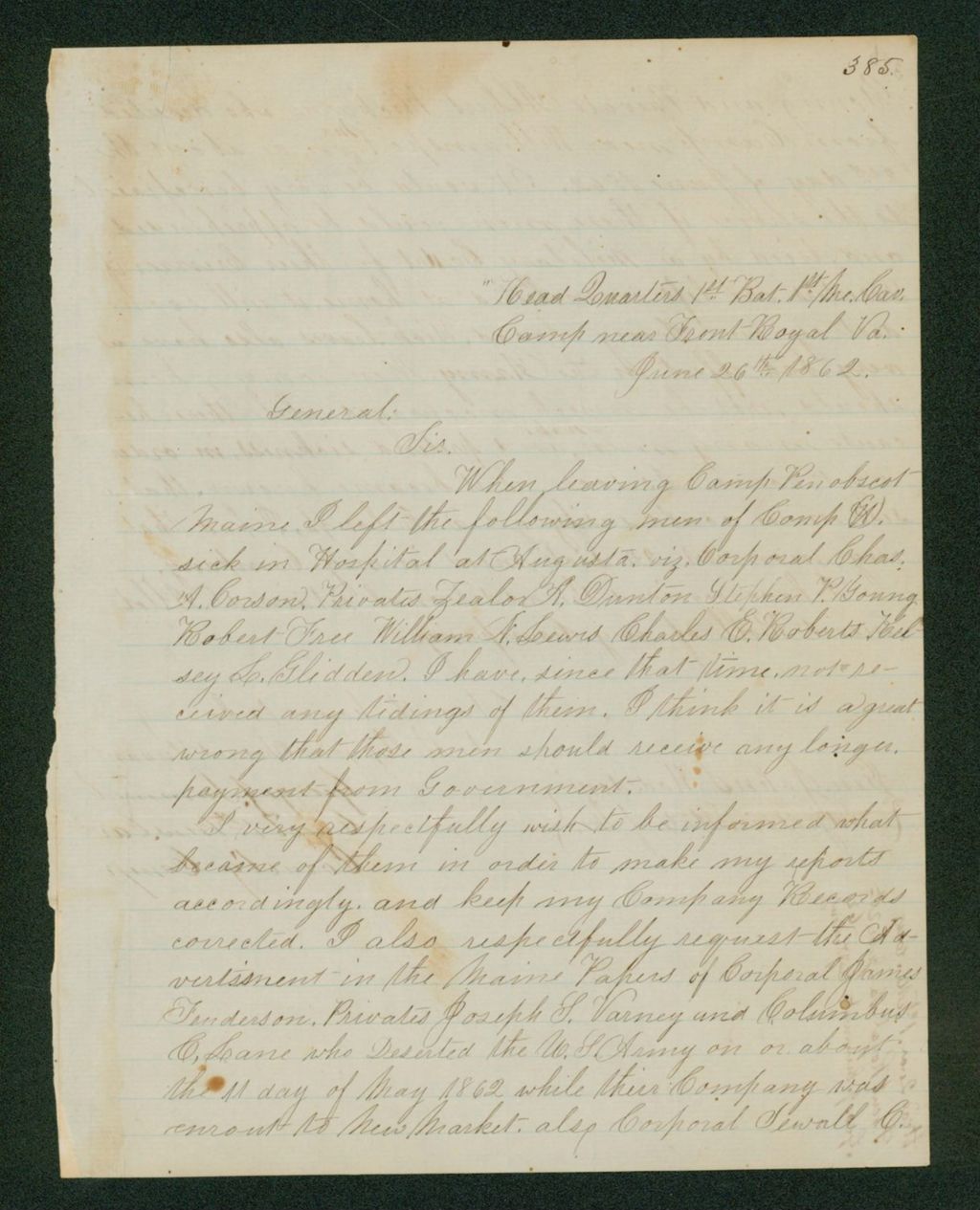 Miniature of Captain George Summat asks what has become of the men he left sick in the hospital at Augusta