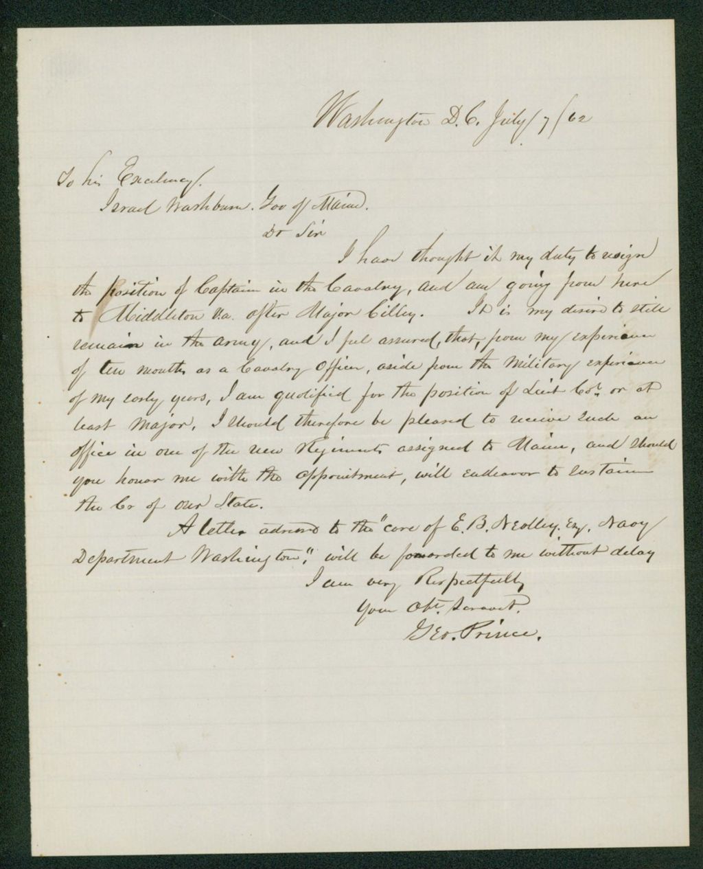 Miniature of George Prince resigns his position in the Cavalry and requests a promotion to Lieutenant Colonel in a new regiment