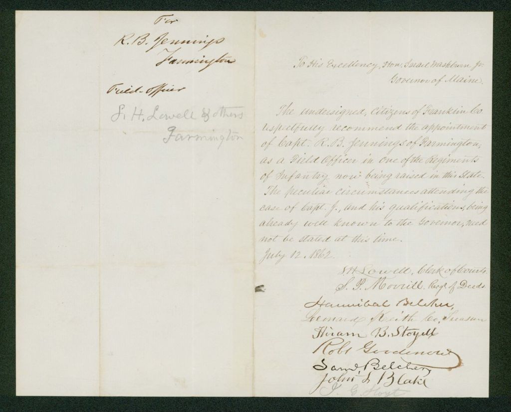 Miniature of Hannibal Belcher and citizens of Franklin County recommend Captain R.B. Jennings for field officer in a new regiment