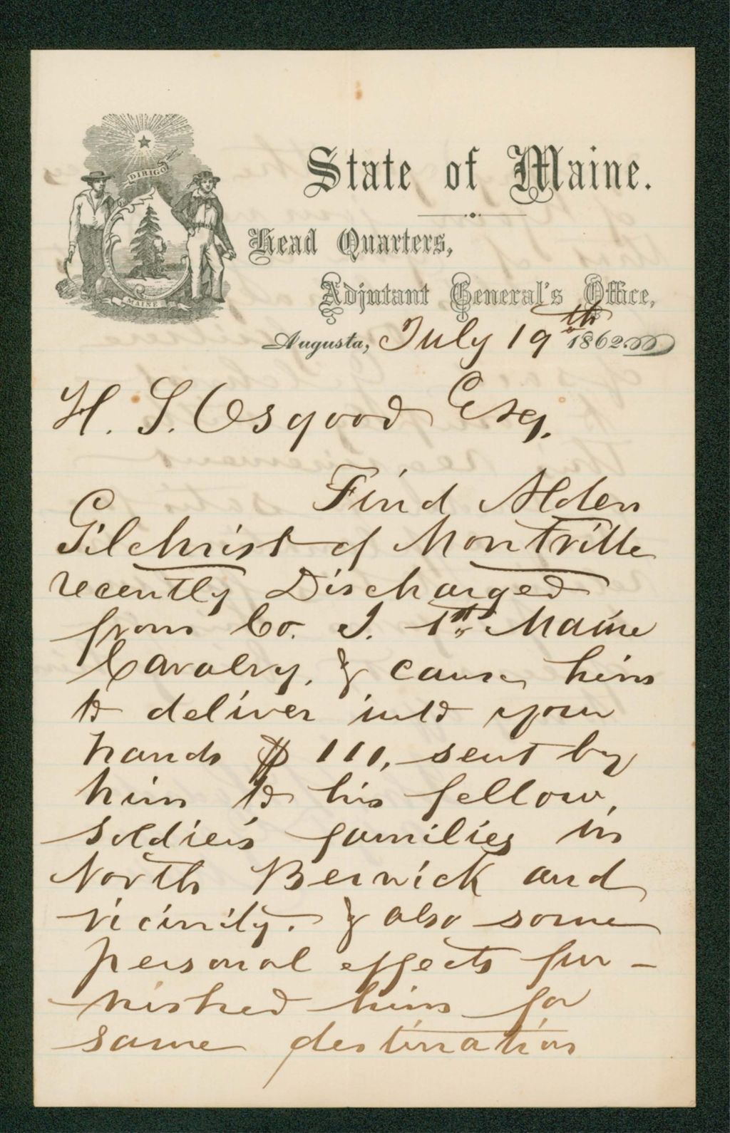 Miniature of Adjutant General Hodsdon orders the apprehension of Alden Gilchrist of Montville