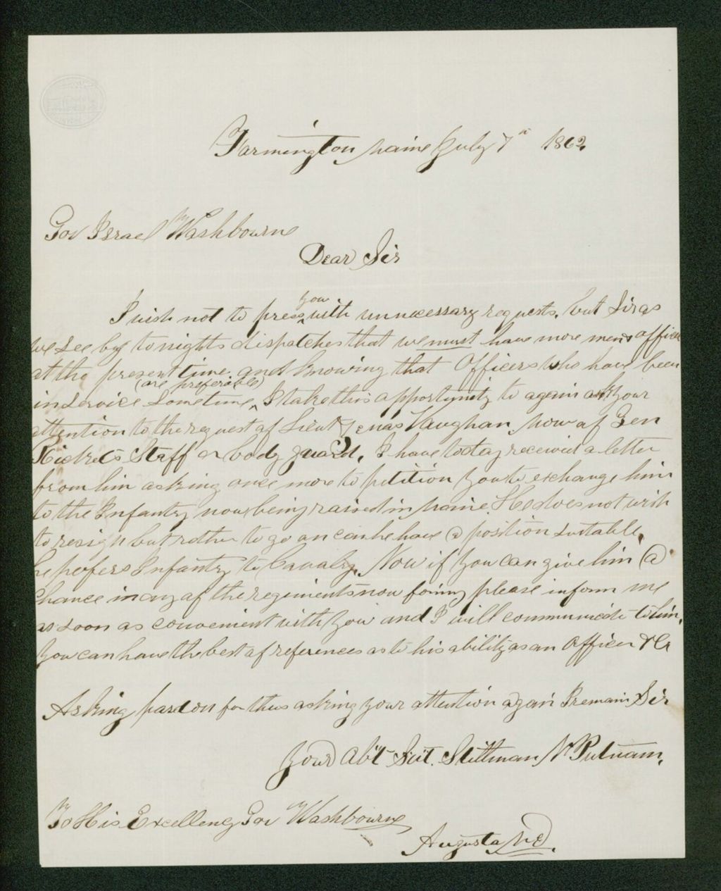 Miniature of Stillman Putnam recommends Zenas Vaughan for transfer to a new regiment