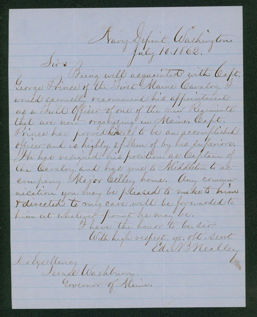 Miniature of Ed. B. Nealley recommends George Prince for appointment in a new regiment
