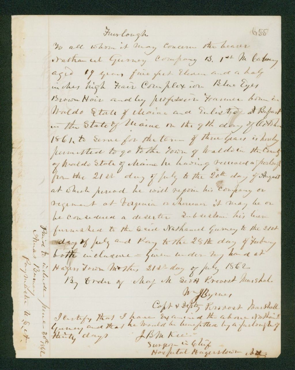 Miniature of Furlough for Nathaniel Gurney of Company B