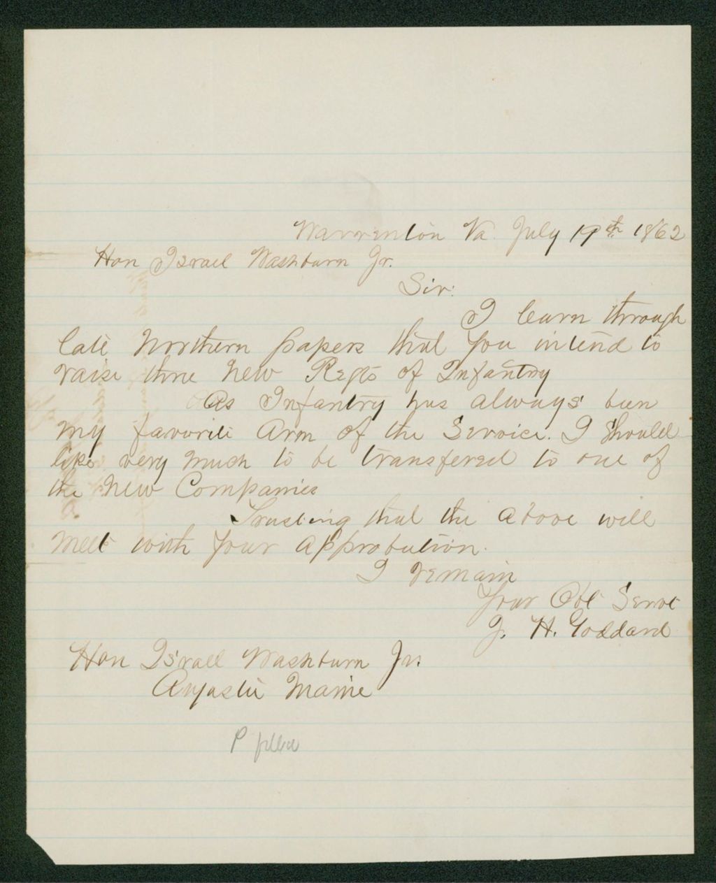 Miniature of John H. Goddard wishes a transfer to a new regiment