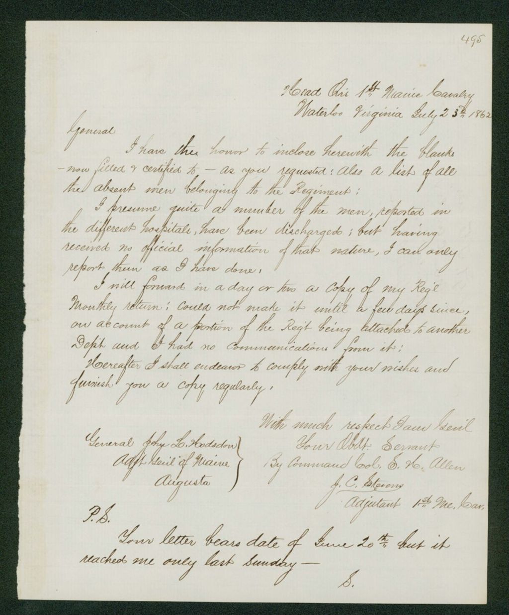 Miniature of Colonel Allen writes regarding the monthly return