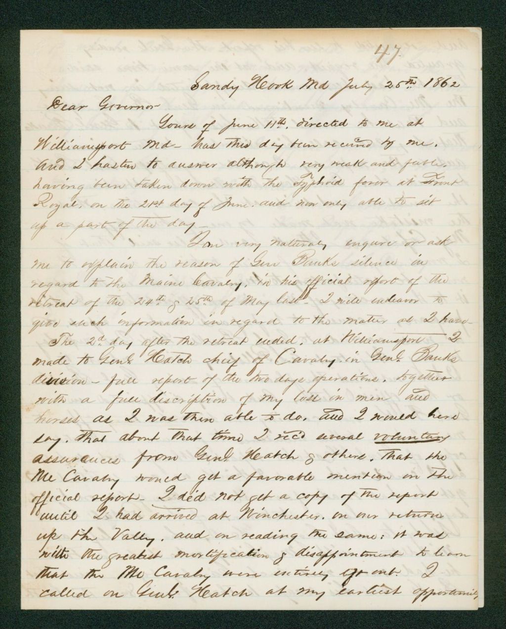 Miniature of Lieutenant Colonel Douty writes about the omission of the cavalry from General Bank's report