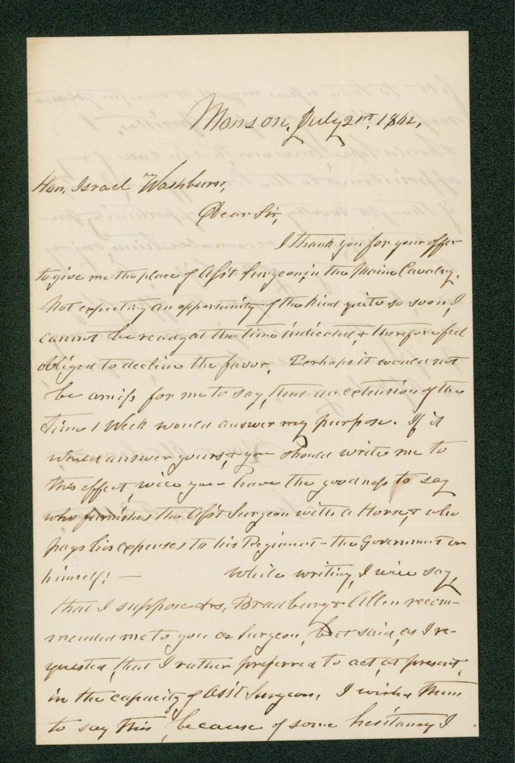 Miniature of Sumner Patten declines the offer of assistant surgeon position