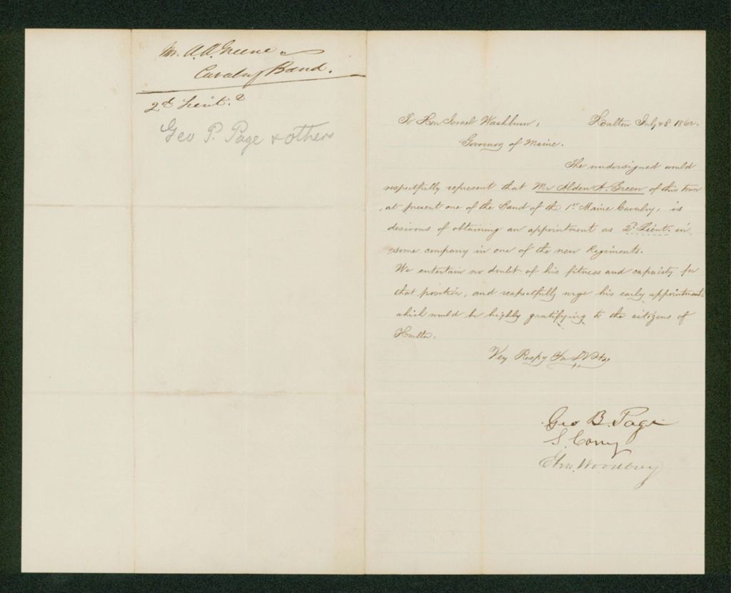 Miniature of George Page and others recommend Alden Greene for promotion in the band
