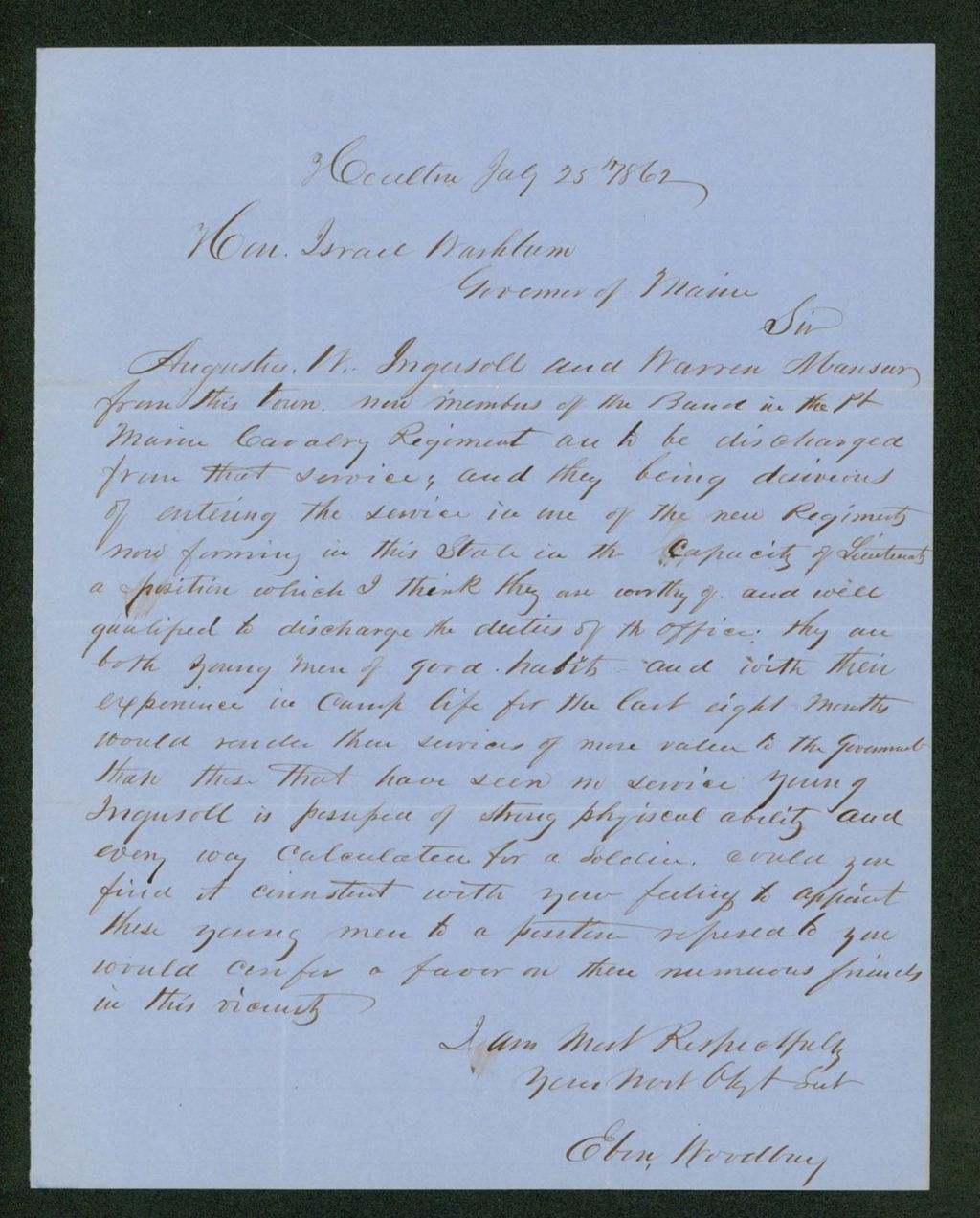 Miniature of Eben Woodbury discharges Augustus Ingersoll and Warren Mansur to join a new regiment