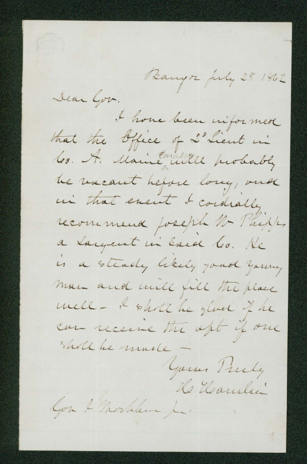 Miniature of Hannibal Hamlin recommends Joseph Phipps for 2nd Lieutenant