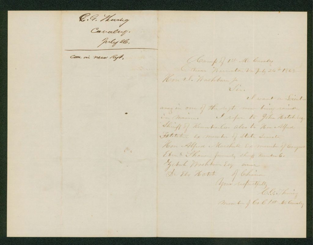Miniature of Soldier solicits a promotion from Governor Washburn