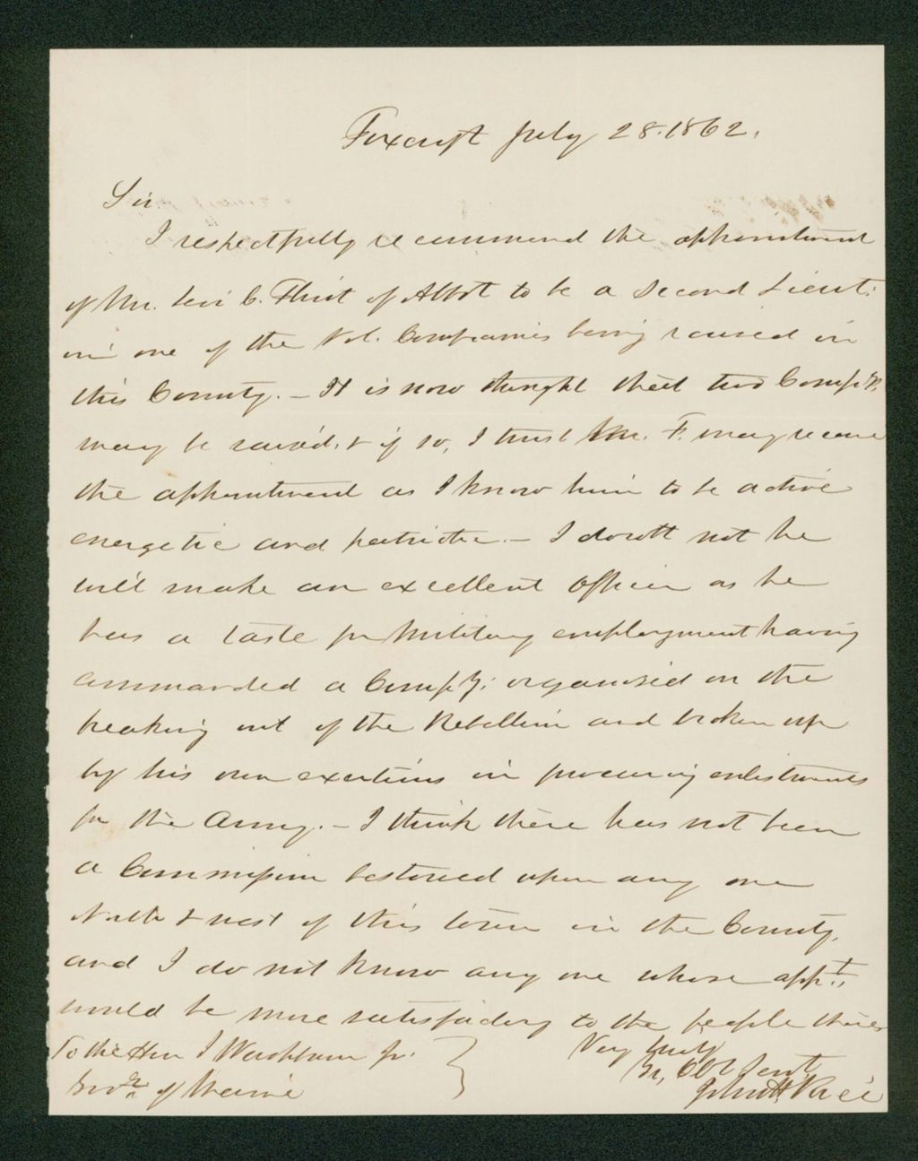 Miniature of John H. Rice recommends Levi C. Flint for Lieutenant