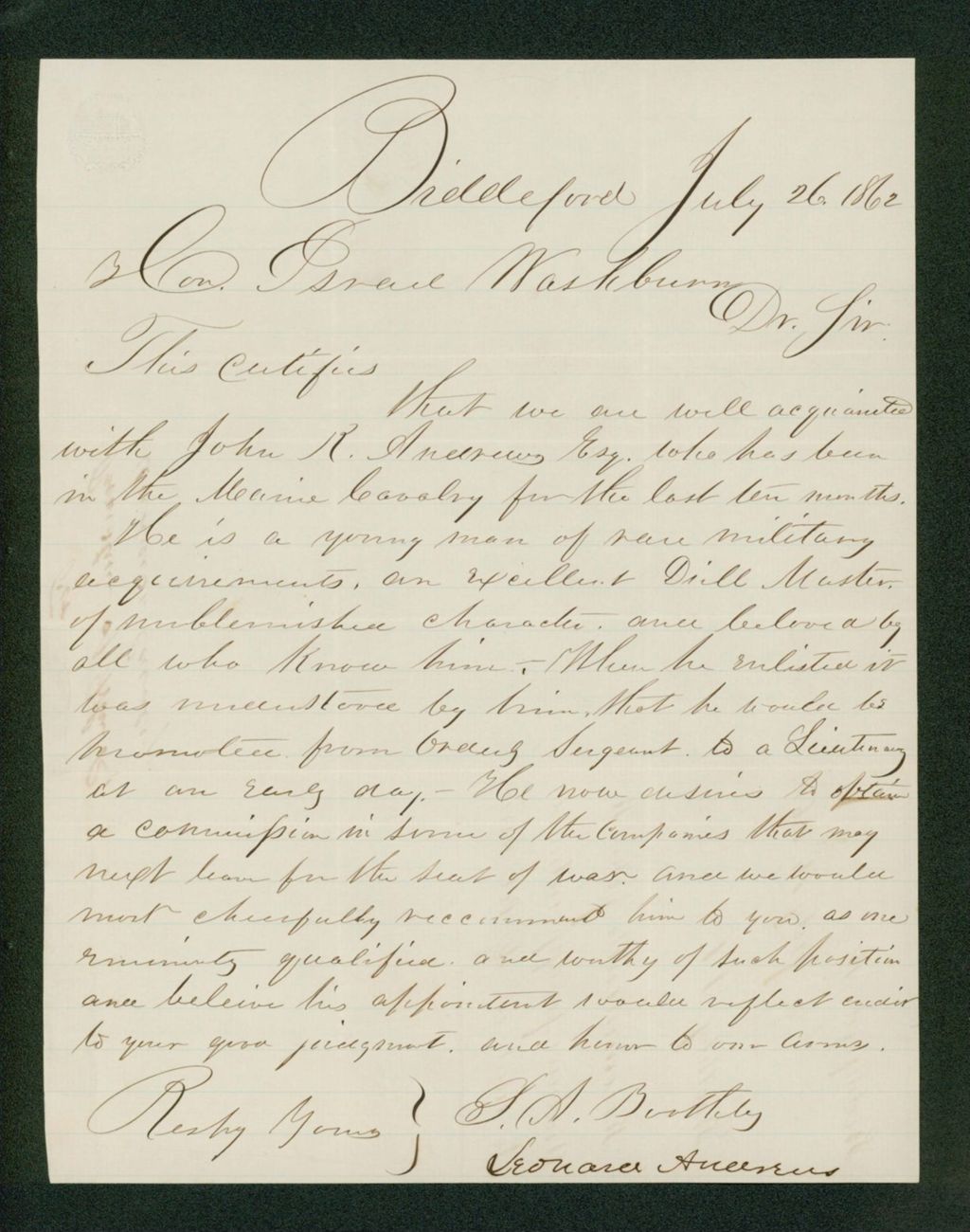 Miniature of S. Boothby recommends John R. Andrews for lieutenant